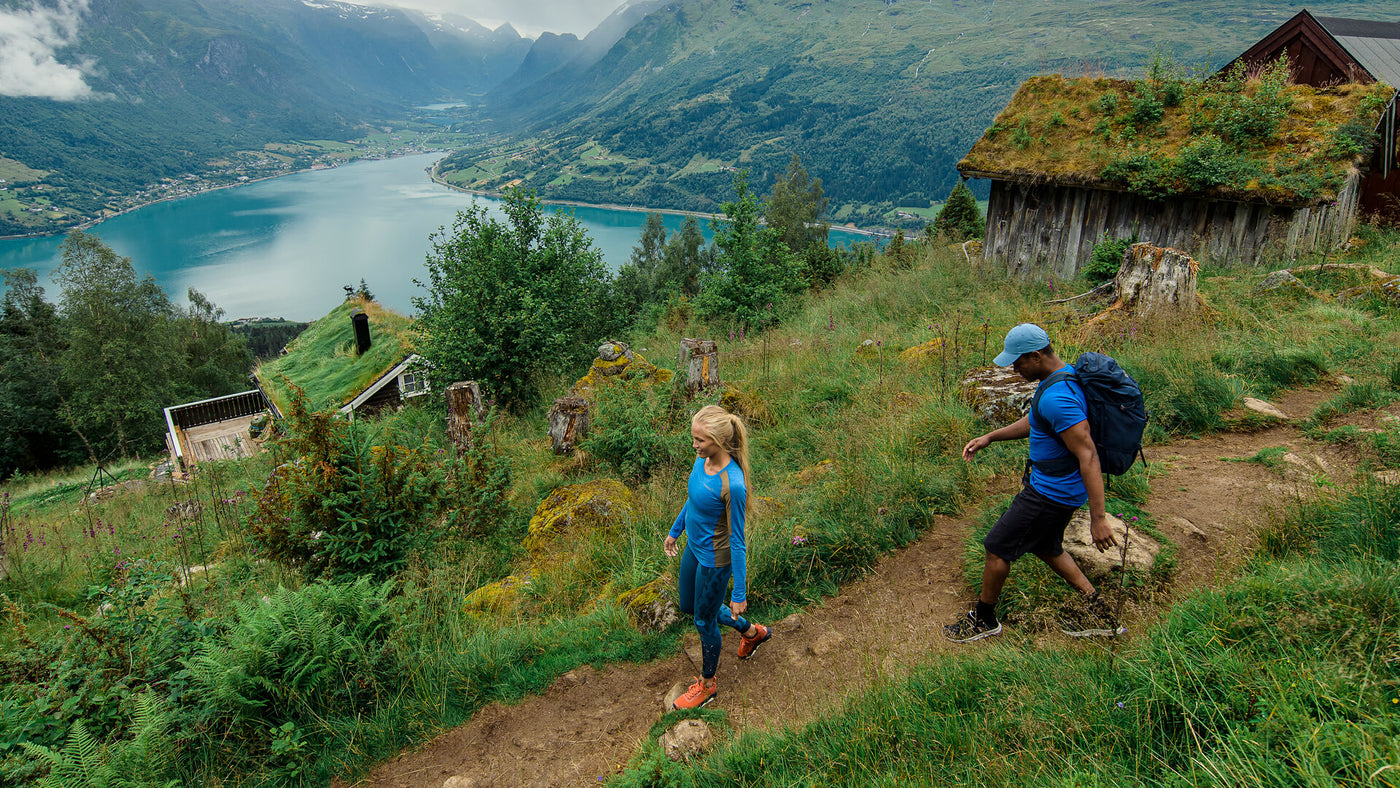 Hiking in Norwegian nature with comfortable walking shoes 